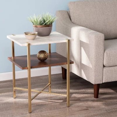 Amelia Square Faux Marble End Table With Storage Brass - Aiden Lane