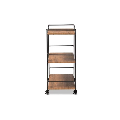 3 Tier Bernard Industrial Metal And Wood Mobile Wine Bar Cart Black/Walnut - Baxton Studio - Image 2
