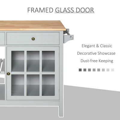 HOMCOM Kitchen Island Utility Storage Trolley Cart With Rubber Wood Top, Towel Rack, 2 Cabinets & Drawers For Dining Room - Image 3