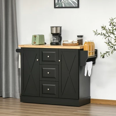 HOMCOM Farmhouse Mobile Kitchen Island Utility Cart On Wheels With Barn Door Style Cabinets, Drawers