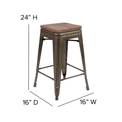 Flash Furniture 24" High Metal Counter-Height, Indoor Bar Stool With Wood Seat - Stackable Set Of 4 - Image 4