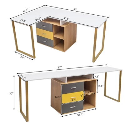 Costway 87'' Two Person Computer Desk Adjustable L-Shaped Office Desk W/Shelves & Drawers - Image 5