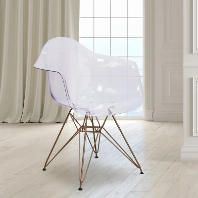 Emma And Oliver 2 Pack Transparent Side Chair With Arms And Gold Base - Accent & Side Chair