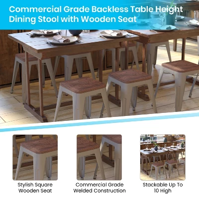 Flash Furniture 18" Backless Table Height Stool With Wooden Seat, Stackable Metal Indoor Dining Stool, Commercial Grade - Set Of 4 - Image 3