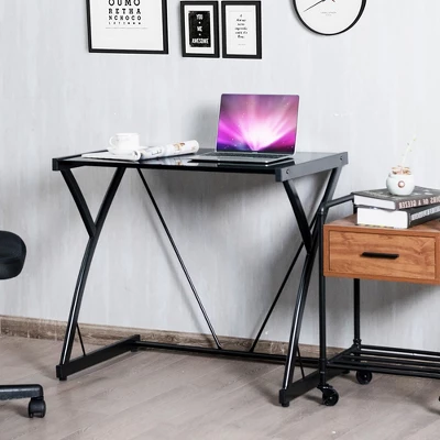 Costway Glass Top Computer Desk Laptop Writing Study Workstation Z-Shaped Metal Frame - Image 3