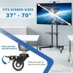 Mount-It! Height Adjustable Mobile TV Stand, Cart & Shelf, Wheeled Flat Screen With Rolling Casters & Five Media Component Shelves Fits 37 - 70 Inch