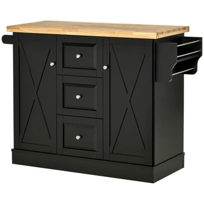 HOMCOM Farmhouse Mobile Kitchen Island Utility Cart On Wheels With Barn Door Style Cabinets, Drawers - Image 3