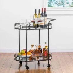 Deluxe 2 Tier Metal Oval Mirrored Bar Cart Black - Glitzhome