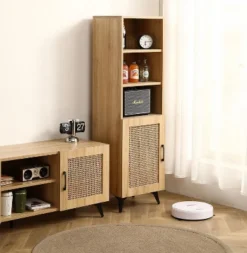 Freya 55.12" High Mesh Accent/Side Cabinet With 1 Rattan Cabinet Door And 3 Open Shelves-Maison Boucle