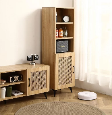 Freya 55.12" High Mesh Accent/Side Cabinet With 1 Rattan Cabinet Door And 3 Open Shelves-Maison Boucle