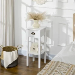 HOMCOM 2-Tier Side Table With Drawer, Narrow End Table With Bottom Shelf, For Living Room Or Bedroom, Set Of 2, White