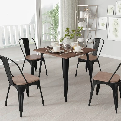 Merrick Lane Modern 31.5" Square Metal Table With Rustic Wood Top For Indoor Use