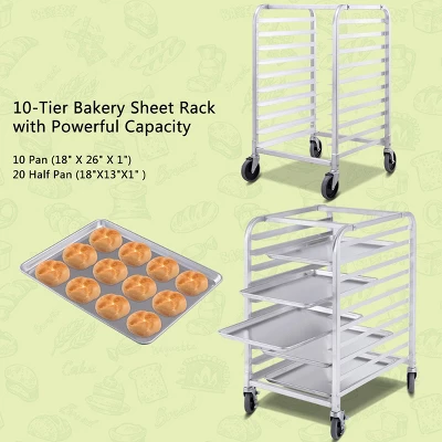 Costway 10 Sheet Aluminum Bakery Rack Silver Commercial Cookie Bun Pan Kitchen W/Wheel - Image 5