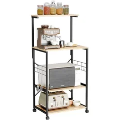 Bestier 4 Tier Shelves Portable Utility Kitchen Storage Baker's Rack Organizer Cart Stand With Adjustable Wheels And Side Hooks, 49 Inch, Oak