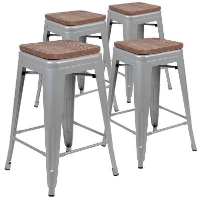 Flash Furniture 24" High Metal Counter-Height, Indoor Bar Stool With Wood Seat - Stackable Set Of 4 - Image 12