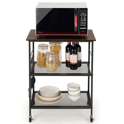 Costway 3-Tier Kitchen Serving Cart Utility Standing Microwave Rack W/ Hooks - Image 9