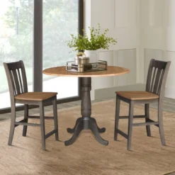 3pc 42" Round Dual Drop Leaf Counter Height Dining Table With 2 Splat Back Stools Hickory/Washed Coal - International Concepts