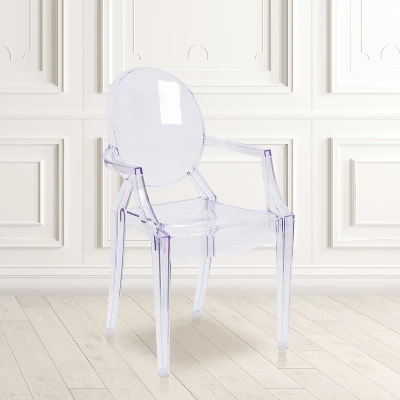 Emma And Oliver 4 Pack Oval Back Ghost Chair - Arms In Transparent Crystal - Stackable Side Chair