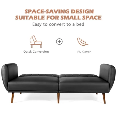 Costway Convertible Futon Sofa Bed PU Adjustable Couch Sleeper W/Wood Legs - Image 6