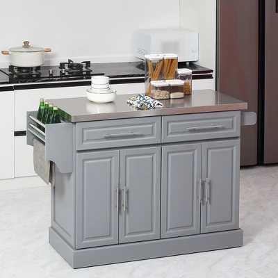 HOMCOM Rolling Kitchen Island With Storage, Portable Kitchen Cart With Stainless Steel Top, 2 Drawers, Spice, Knife And Towel Rack And Cabinets, Gray