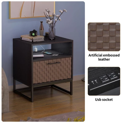 Arina Brown Leatherette 21.89"H X 15.59"D X 18.78"W With Bands Weaving Vision End & Side Tables With Storage And Upper Layer With Plug-The Pop Home - Image 3