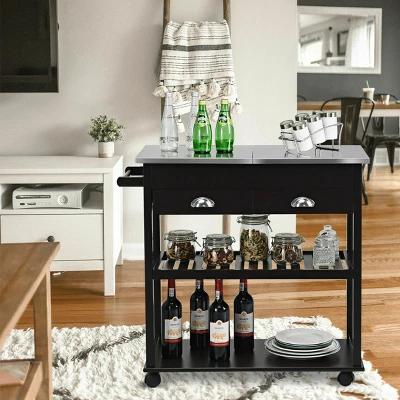Costway Rolling Kitchen Island Trolley Cart Stainless Steel Flip Tabletop W/ Drawer Brown - Image 2