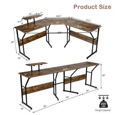 Costway 88.5'' L Shaped Reversible Computer Desk 2 Person Long Table Monitor Stand