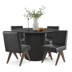 Dwen+Morgan 5-Piece 46" Manufactured Black Grain And 18.5" Wide Faux Leather Dining Chairs Set Of 4 Modern Round Dining Table Set-The Pop Maison