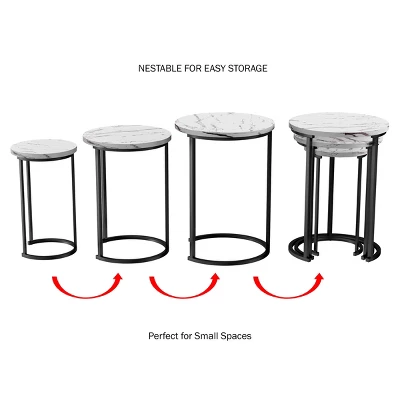 Hastings Home Round End Tables With Faux Marble Top And Black Metal Base Nesting Tables, White, Set Of 3 - Image 3