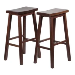PJ Wood Classic Saddle Seat 29" Tall Kitchen Counter Stools For Homes, Dining Spaces, And Bars W/ Backless Seats & 4 Square Legs, Walnut (Set Of 6)