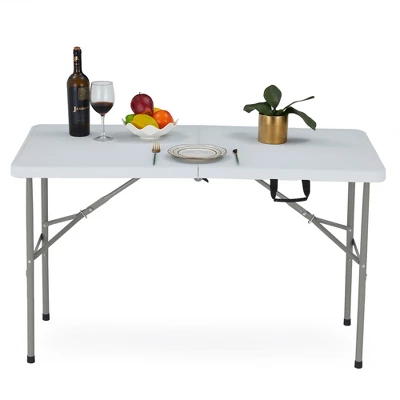 JOMEED UP042 4 Foot Long Portable Plastic Folding Multipurpose Utility Picnic Table With Powder Coated Steel Legs And Built In Carry Handle, White