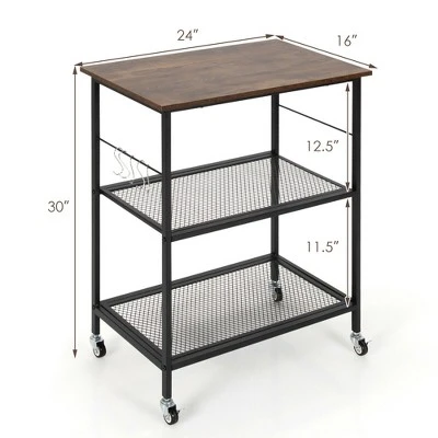 Costway 3-Tier Kitchen Serving Cart Utility Standing Microwave Rack W/ Hooks - Image 3
